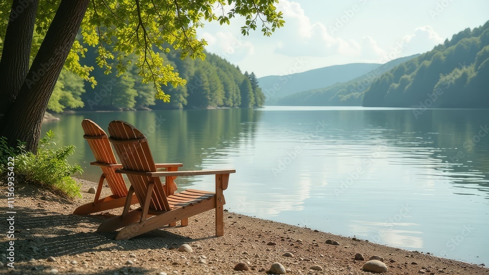 On the shore of the lake in the mountains there are two sun loungers On the shore of the lake in the mountains there are two sun loungers