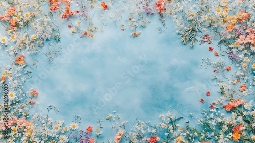 Delicate pastel flowers arranged in a beautiful frame on a light blue textured background, ideal for wedding invitations or spring themes.