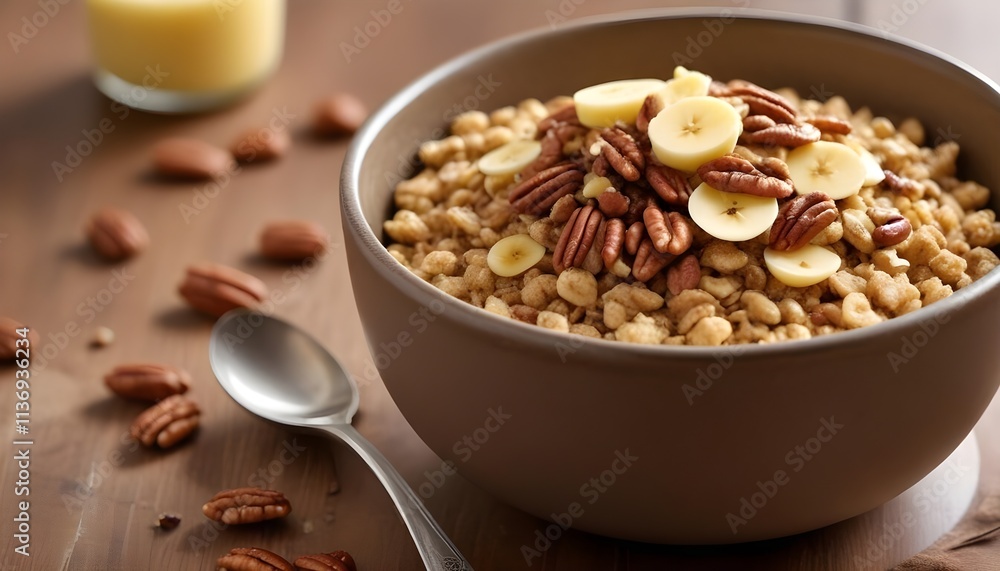 A savory cereal topped with chopped seeds , likely pecans , and a pat of butter A savory cereal topped with chopped seeds , likely pecans , and a pat of butter
