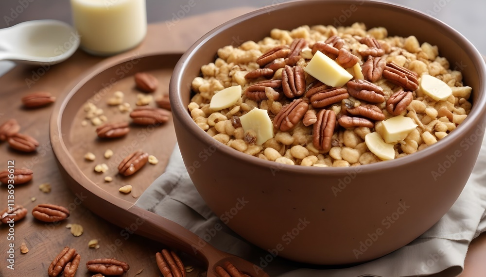 A savory cereal topped with chopped seeds , likely pecans , and a pat of butter A savory cereal topped with chopped seeds , likely pecans , and a pat of butter