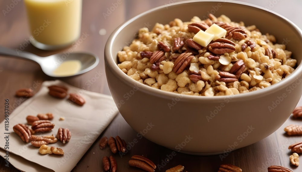 A savory cereal topped with chopped seeds , likely pecans , and a pat of butter A savory cereal topped with chopped seeds , likely pecans , and a pat of butter