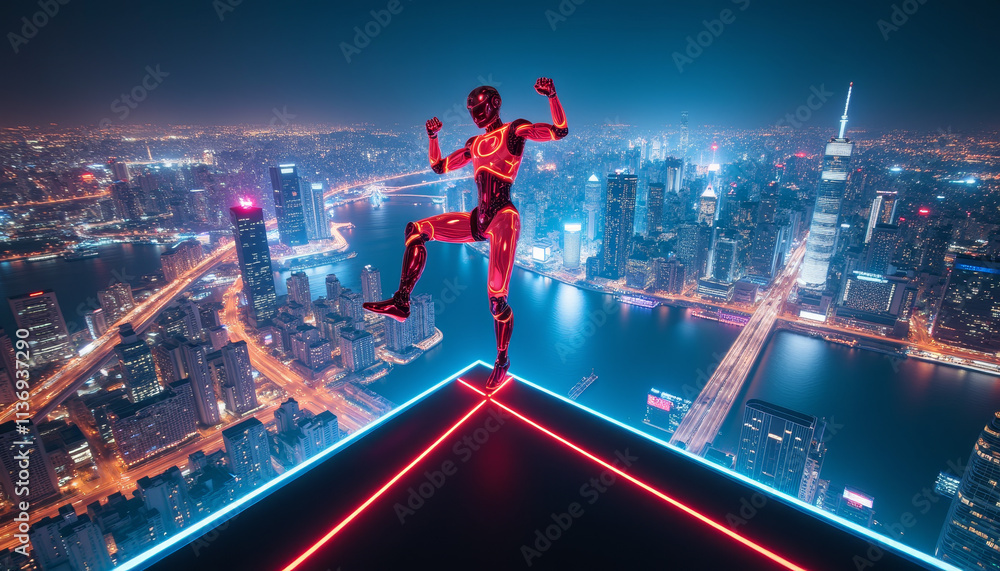 Fototapeta premium Futuristic figure striking a powerful pose against a vibrant city skyline at night