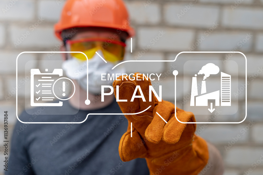 Industrial worker using virtual touch screen pressing text: EMERGENCY PLAN. Concept of Emergency Preparedness Plan. Industry Evacuation Training. Emergency preparedness instructions for safety.