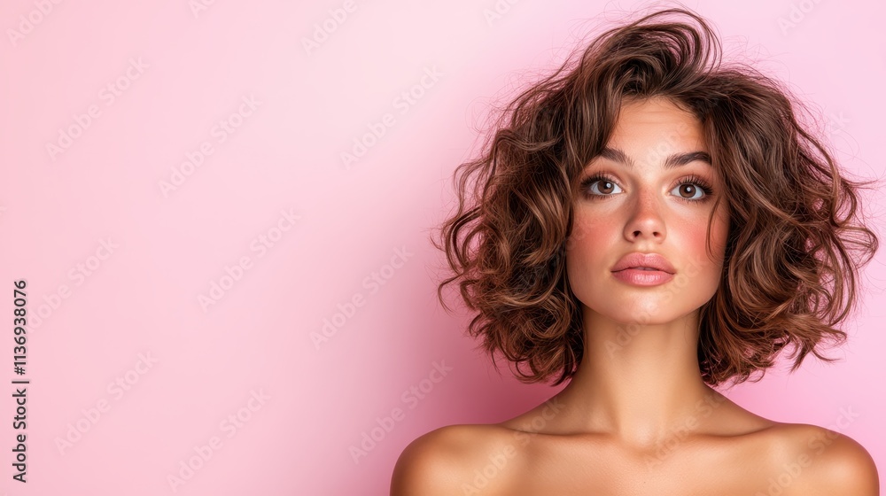 A stylish woman with voluminous curly hair gazes away from the camera, expressing elegance and subtlety, set against a soft pink background to enhance artistic flair. A stylish woman with voluminous curly hair gazes away from the camera, expressing elegance and subtlety, set against a soft pink background to enhance artistic flair.