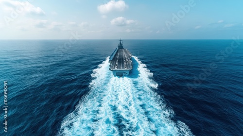 A massive aircraft carrier sails on the open sea, leaving a trail of white waves under clear blue skies, symbolizing strength and maritime dominance. photo