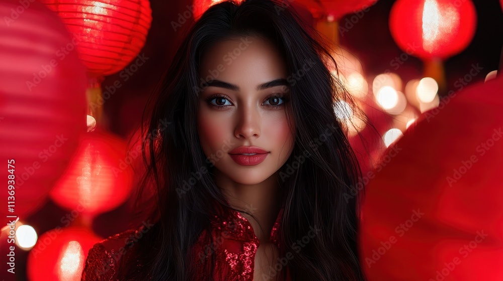 A graceful woman is positioned among cascading red lanterns, captured in a moment of serene beauty and cultural significance, highlighting traditional artistic flair. A graceful woman is positioned among cascading red lanterns, captured in a moment of serene beauty and cultural significance, highlighting traditional artistic flair.