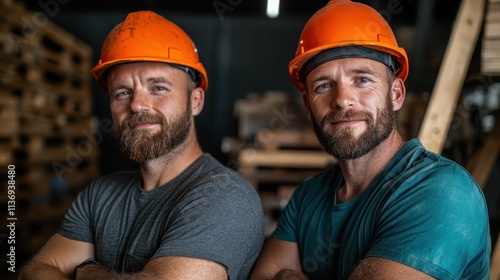 Two construction workers with friendly smiles and crossed arms wear orange hard hats, capturing the essence of teamwork and camaraderie in a professional work setting.