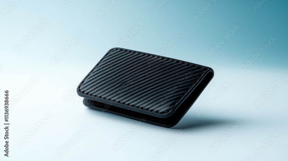 A sleek, black wallet with a carbon fiber texture is displayed elegantly on a light blue gradient background, showcasing contemporary style and sophistication. A sleek, black wallet with a carbon fiber texture is displayed elegantly on a light blue gradient background, showcasing contemporary style and sophistication.