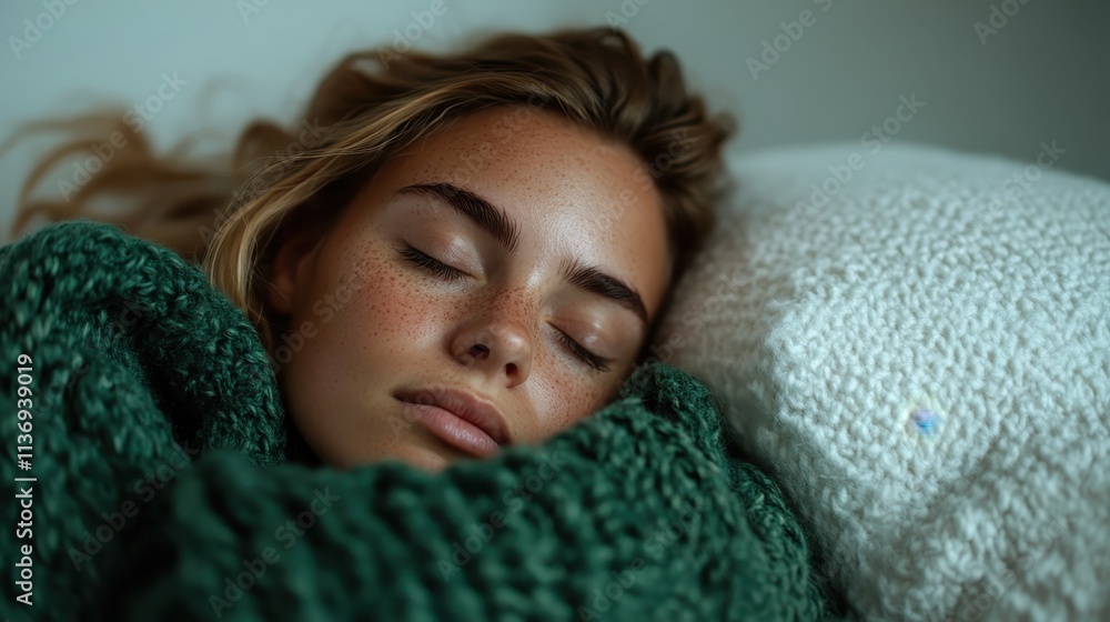 A woman lies asleep, enveloped in a luxurious green woolen bedding, capturing a sense of relaxation and contentment in a warm, serene atmosphere. A woman lies asleep, enveloped in a luxurious green woolen bedding, capturing a sense of relaxation and contentment in a warm, serene atmosphere.