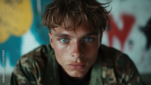 A striking portrait of a young man in camo, his piercing blue-eyed gaze full of intensity and depth, capturing both strength and a reflective mood. photo