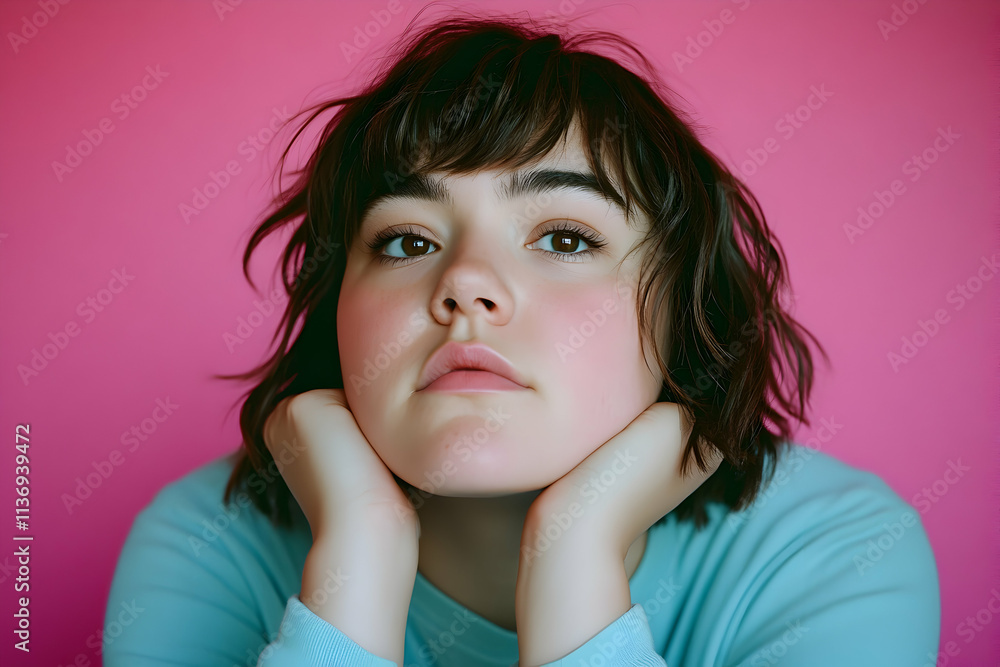 Thoughtful young woman with short brown hair, resting chin on hands against a vibrant pink background. A portrait showcasing pensive expression and soft lighting. Thoughtful young woman with short brown hair, resting chin on hands against a vibrant pink background. A portrait showcasing pensive expression and soft lighting.