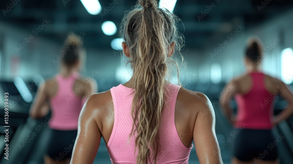 A trio of women are engaged in an intense workout session on treadmills at a gym, showcasing the energy and commitment to fitness from a rear view perspective. A trio of women are engaged in an intense workout session on treadmills at a gym, showcasing the energy and commitment to fitness from a rear view perspective.