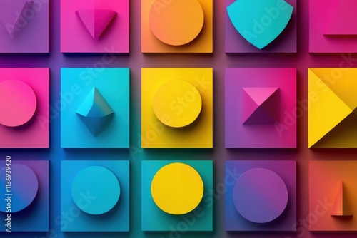 Dynamic arrangement of geometric shapes in vivid colors forms a striking seamless pattern ideal for diverse artistic uses and backgrounds. Generative AI