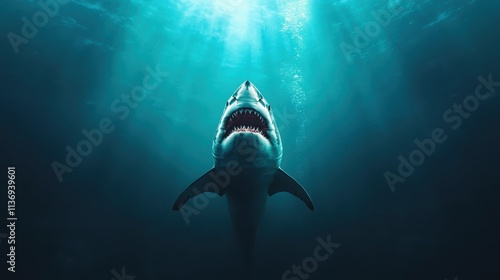 A powerful great white shark rises vertically from the deep ocean, its wide open jaws revealing sharp teeth, embodying wild beauty and primal marine fear.