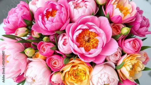 Fototapeta Naklejka Na Ścianę i Meble -  A beautiful arrangement of fresh pink peonies and roses with ample copy space, fresh, colorful, peonies