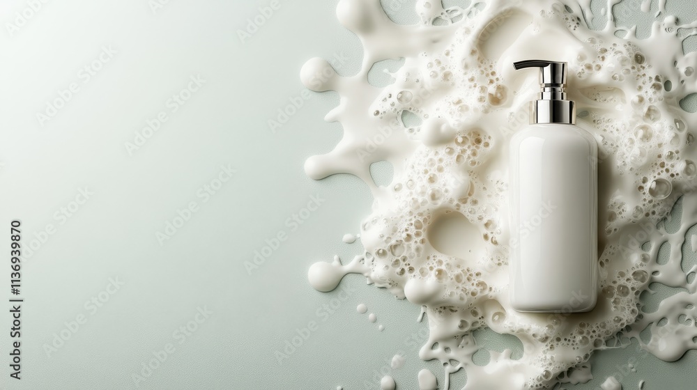 A sleek white bottle surrounded by foamy bubbles on a textured green surface, capturing the essence of purity, simplicity, and modern skincare solutions. A sleek white bottle surrounded by foamy bubbles on a textured green surface, capturing the essence of purity, simplicity, and modern skincare solutions.