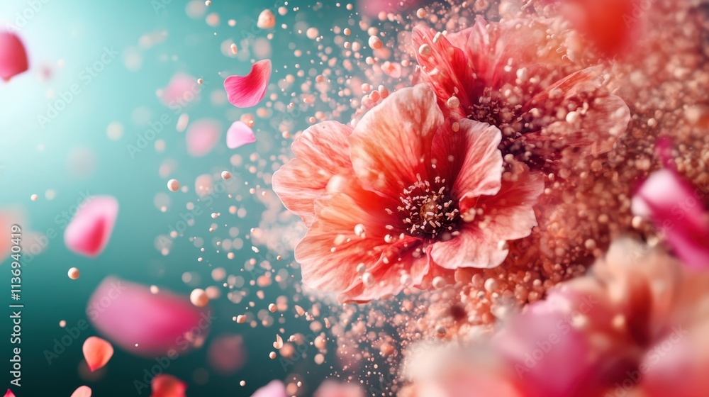 This image captures a vibrant explosion of coral flowers scattering their petals midair, creating an abstract and dynamic scene full of motion and color play. This image captures a vibrant explosion of coral flowers scattering their petals midair, creating an abstract and dynamic scene full of motion and color play.