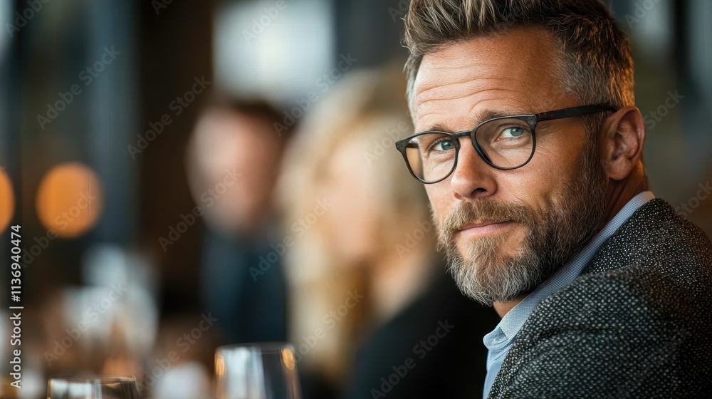 Obraz premium A thoughtful man with a grey suit and glasses gazes intently in a meeting setting, surrounded by blurry colleagues, suggesting active listening and engagement.