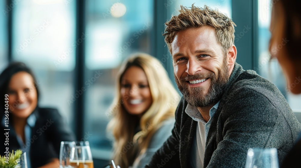 A cheerful man in a grey sweater smiles warmly at a team meeting, creating a positive atmosphere with his colleagues sharing in the casual, lively environment. A cheerful man in a grey sweater smiles warmly at a team meeting, creating a positive atmosphere with his colleagues sharing in the casual, lively environment.