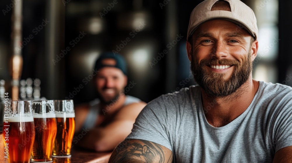 A cheerful bearded man in a baseball cap smiling warmly, sitting at a bar with a selection of beers in focus, highlighting a friendly and welcoming environment.