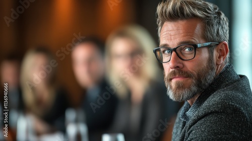 A professional dressed man with glasses sits attentively in a business meeting, while others are blurred in the background. The mood is serious and focused.