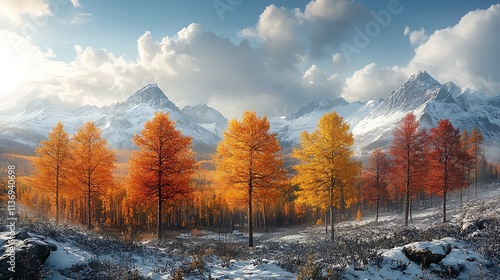 Colorful larch trees growing at the foot of snow capped mountains photo