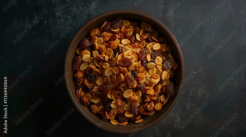 Fototapeta premium Overhead view of homemade granola with raisins and almonds perfect for recipe showcasing