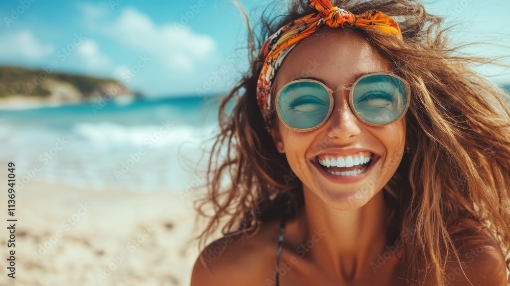 A woman with sunglasses and a vibrant headband is delightfully enjoying the sunny day at the beach, embodying the spirit of joy and relaxation. A woman with sunglasses and a vibrant headband is delightfully enjoying the sunny day at the beach, embodying the spirit of joy and relaxation.