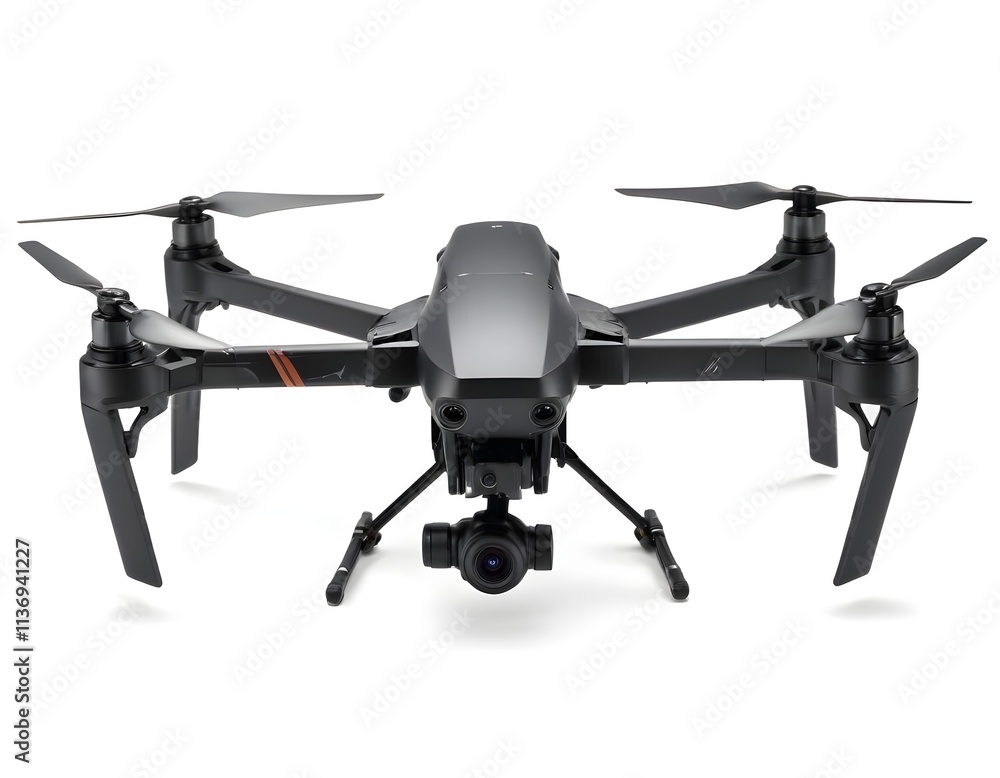 A black drone with four propellers and a camera mounted on the front A black drone with four propellers and a camera mounted on the front