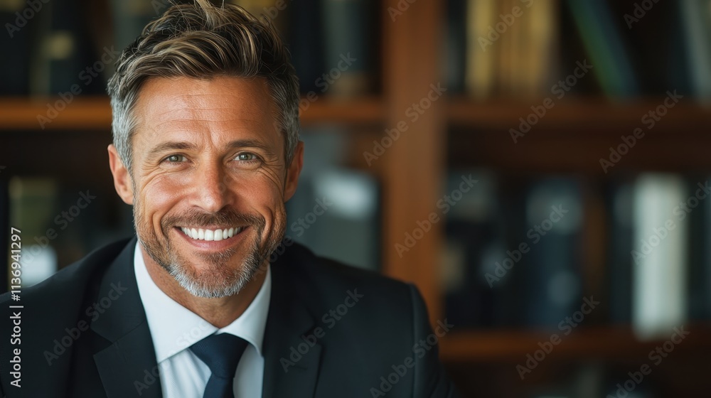 A smiling man in a sleek suit exudes confidence and professionalism while standing in a book-filled office, representing success and modern business elegance. A smiling man in a sleek suit exudes confidence and professionalism while standing in a book-filled office, representing success and modern business elegance.