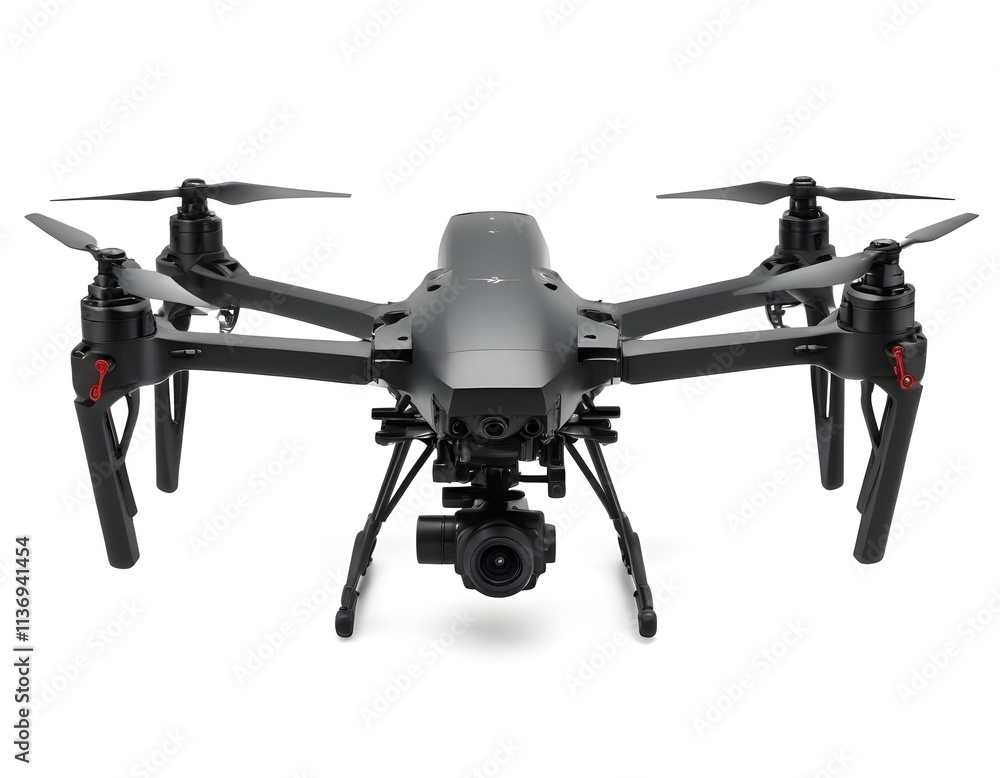 A black drone with four propellers and a camera mounted on the front A black drone with four propellers and a camera mounted on the front