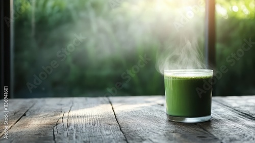 A steaming cup of freshly brewed green tea sits on a wooden rustic table, illuminated by sunlight, creating a refreshing and organic atmosphere in the room. photo