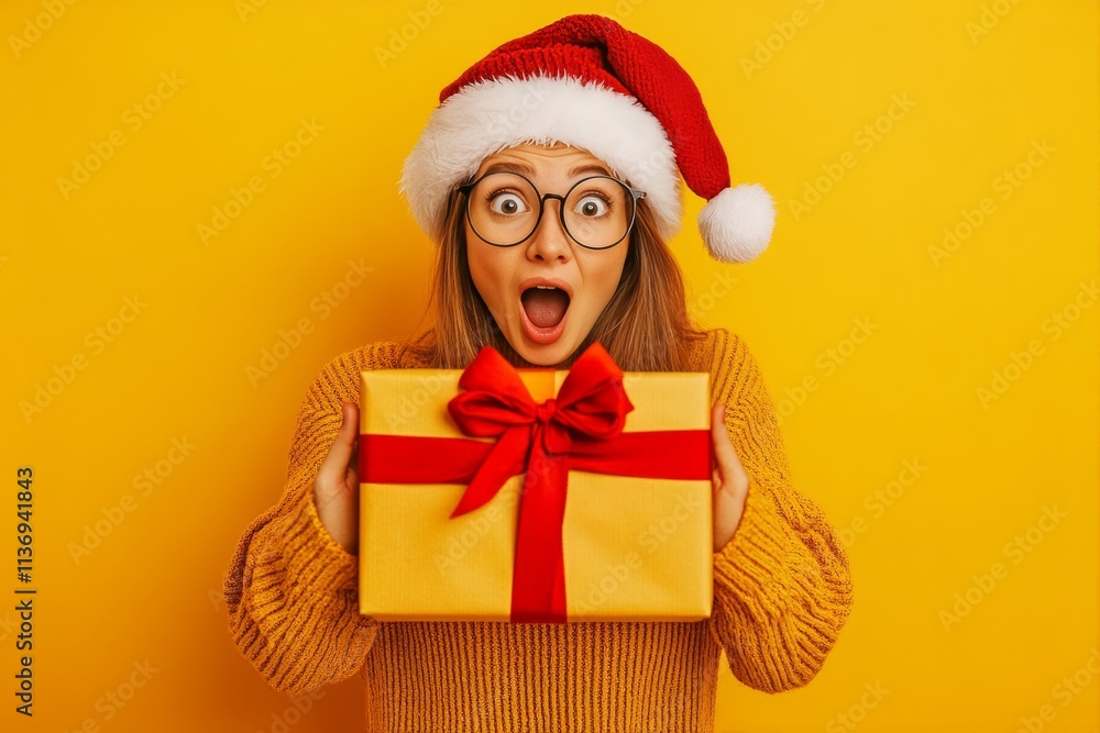 Xmas ad campaign conceptual art illustration for media and social platforms use. Adult human woman amazed in a red xmas hat, with wrapped box. Santa claus advertising. Santa workshop scene. Xmas ad campaign conceptual art illustration for media and social platforms use. Adult human woman amazed in a red xmas hat, with wrapped box. Santa claus advertising. Santa workshop scene.