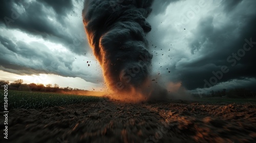 This stunning image captures a fiery tornado crossing open fields, its striking orange hues contrasting vividly against dark clouds, embodying raw natural power.