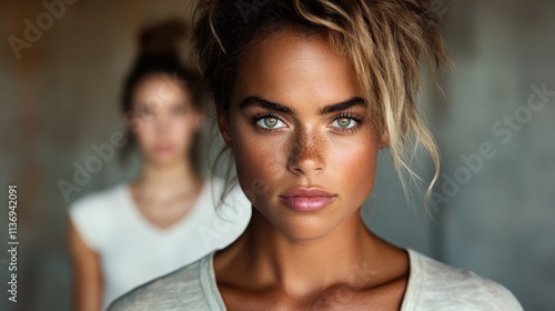 An artistic portrait capturing a woman with blonde hair and piercing eyes, juxtaposed against a softly blurred background, emphasizing beauty and introspection. photo