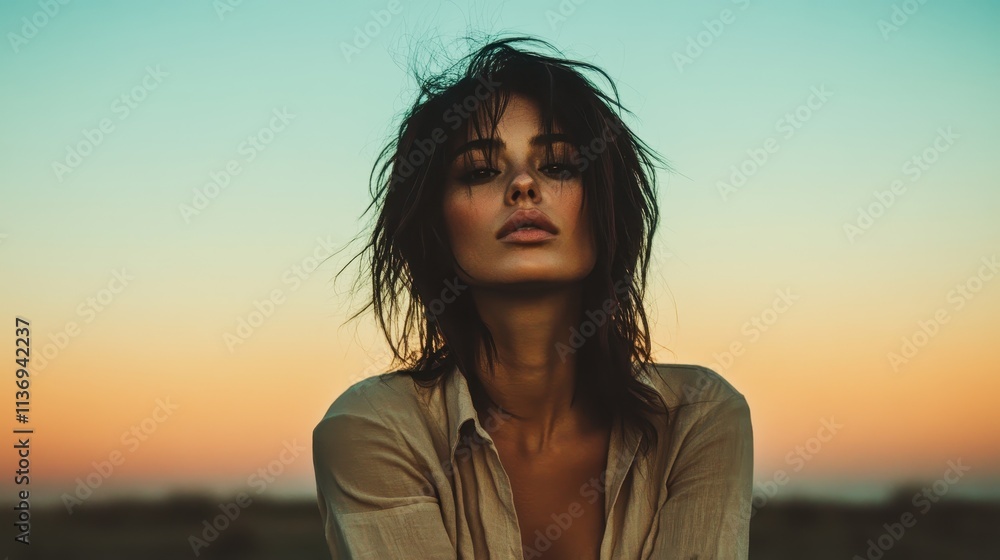 A moody portrait of a woman set against a dramatic sunset sky, with her thoughtful gaze complemented by the soft colors of the evening adding to the evocative scene. A moody portrait of a woman set against a dramatic sunset sky, with her thoughtful gaze complemented by the soft colors of the evening adding to the evocative scene.