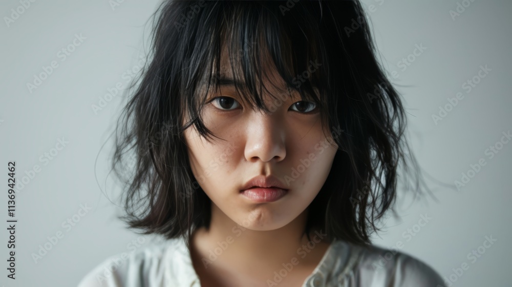 Portrait of a 30 year old japanese woman with a fierce expression against a white background Portrait of a 30 year old japanese woman with a fierce expression against a white background