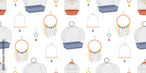 Bird Toys and cages horizontal seamless pattern. Accessories for birdcage. Swings, perches and bells for entertaining parrots. Fun background to use in design. Vector wallpaper for wall or packaging.