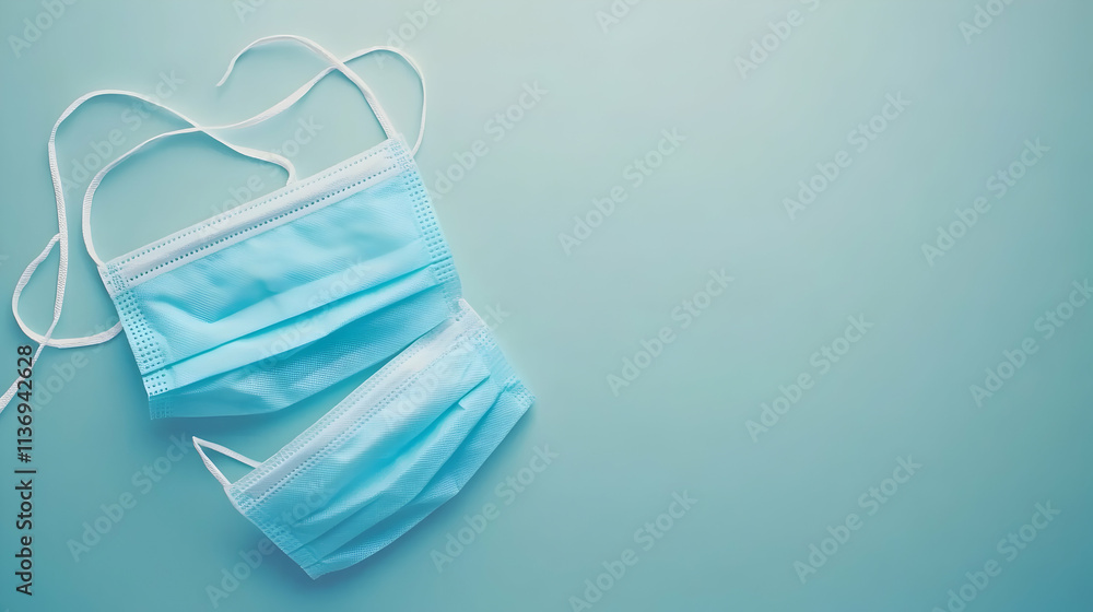 Two light blue disposable face masks lie on a pale blue background. Plenty of copy space. Two light blue disposable face masks lie on a pale blue background. Plenty of copy space.