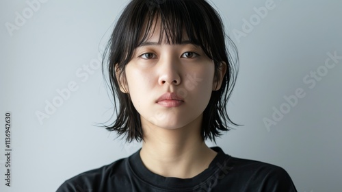 Frontal portrait of a 30 year old japanese woman with a fierce expression on a white background