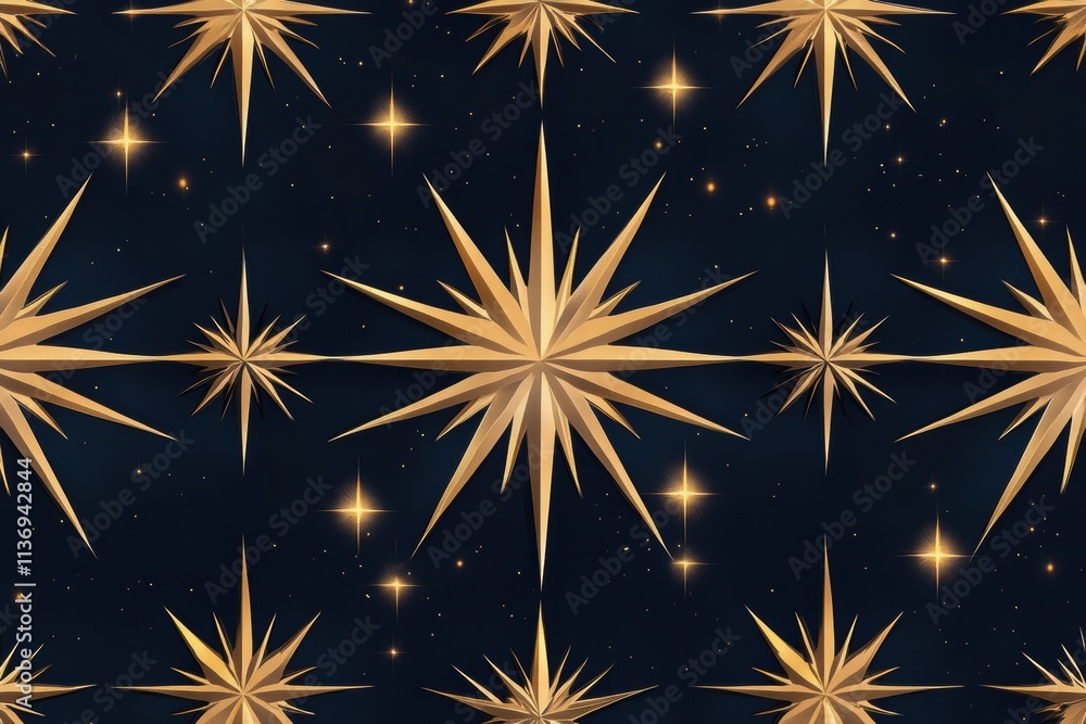 A mesmerizing seamless pattern features golden starbursts radiating from a deep blue background, creating a sense of celestial enchantment. Generative AI A mesmerizing seamless pattern features golden starbursts radiating from a deep blue background, creating a sense of celestial enchantment. Generative AI