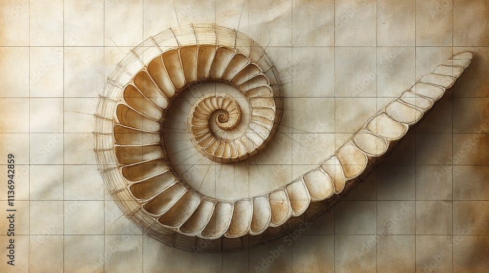 Obraz premium Hand-drawn spiral shell illustration on an aged textured paper background copy space
