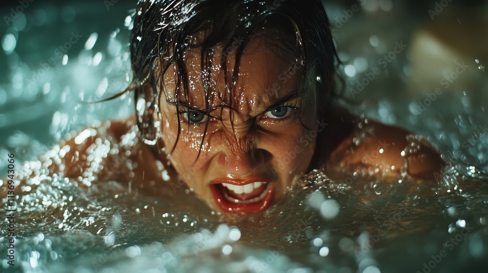 A swimmer displaying intense energy and power, breaking through the water with a forceful expression, highlighting determination and athleticism in a dynamic shot. A swimmer displaying intense energy and power, breaking through the water with a forceful expression, highlighting determination and athleticism in a dynamic shot.