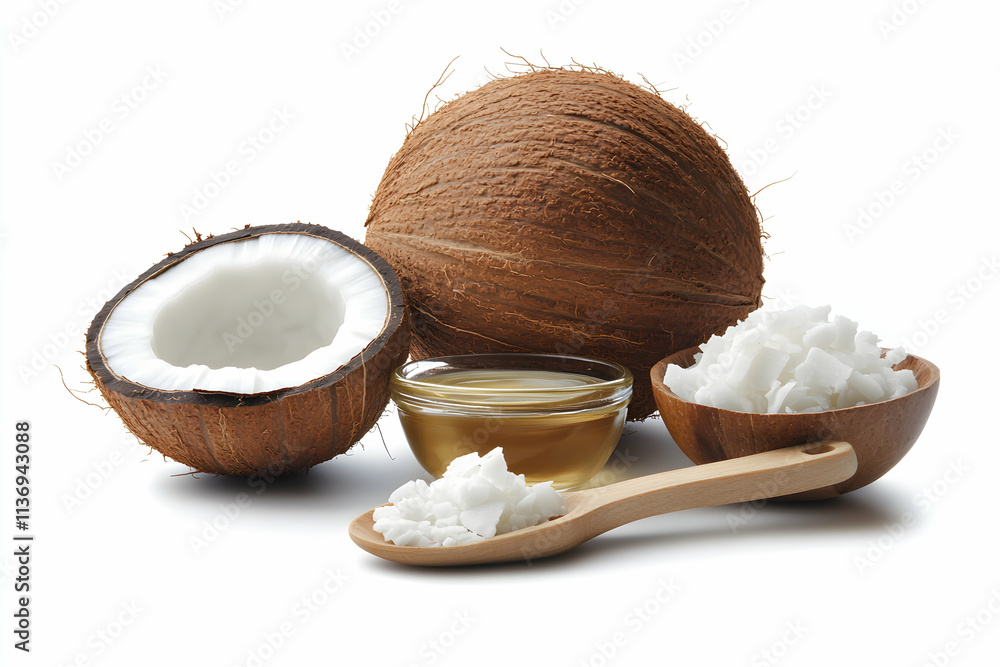 Fresh whole coconut, shredded coconut, and coconut oil. Perfect for healthy recipes, beauty products, or tropical themes. Fresh whole coconut, shredded coconut, and coconut oil. Perfect for healthy recipes, beauty products, or tropical themes.