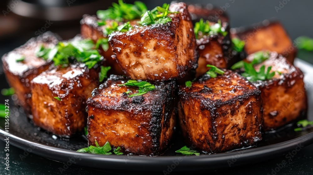 Succulent glazed tofu cubes garnished with fresh parsley, capturing a blend of rich flavors and delightful presentation perfect for gourmet vegan cuisine enthusiasts. Succulent glazed tofu cubes garnished with fresh parsley, capturing a blend of rich flavors and delightful presentation perfect for gourmet vegan cuisine enthusiasts.