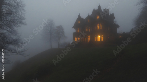 A fog-covered Gothic mansion on a hilltop, its windows glowing faintly in the night.