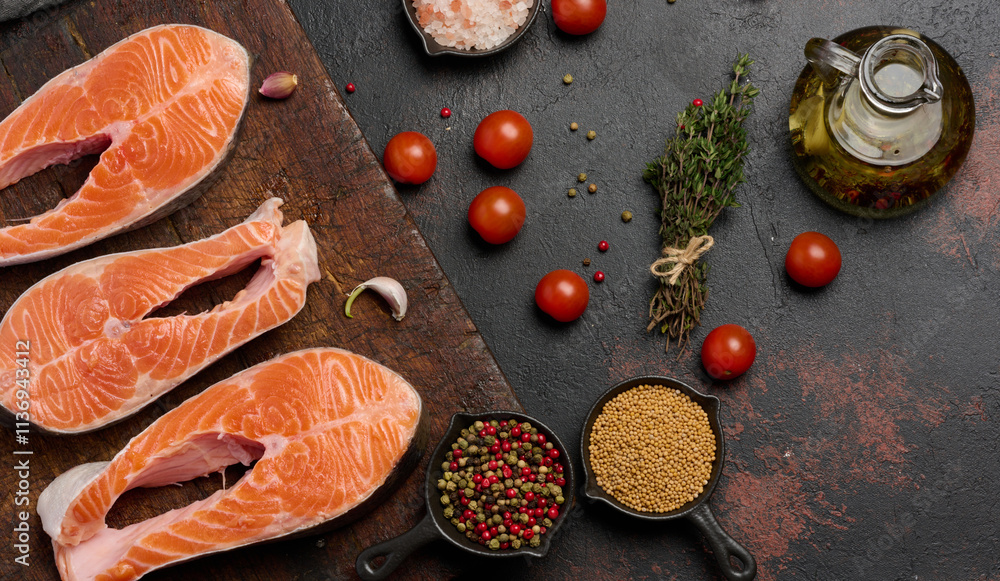 Raw trout steaks on a wooden cutting board and spices Raw trout steaks on a wooden cutting board and spices