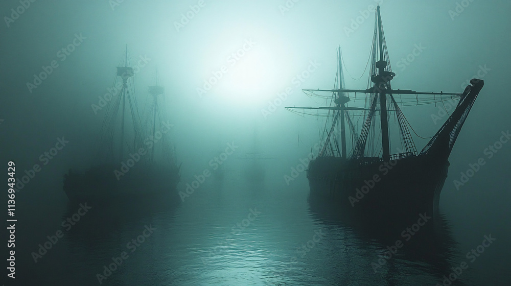 A fog-covered harbor at night, where the skeletal remains of abandoned ships drift silently, and the faint sound of distant bells tolls in the mist. A fog-covered harbor at night, where the skeletal remains of abandoned ships drift silently, and the faint sound of distant bells tolls in the mist.