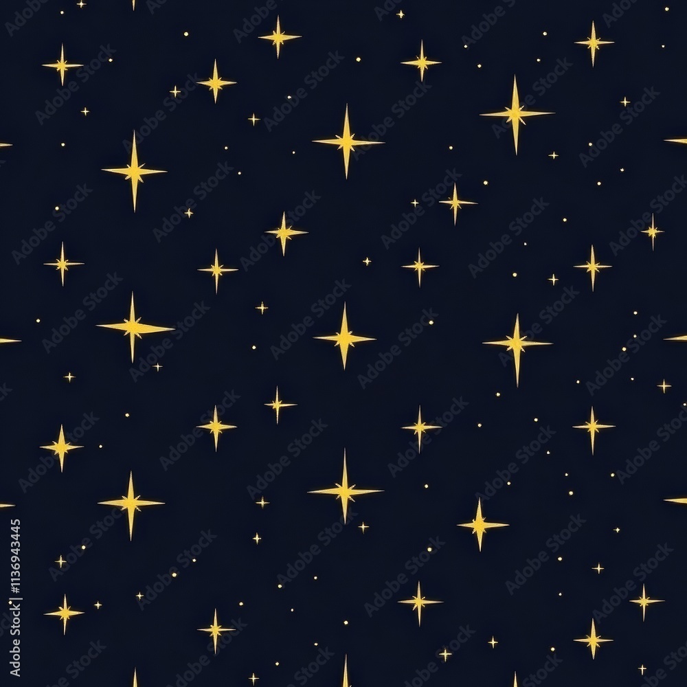 Golden stars shimmer brilliantly on a dark navy canvas, forming a captivating and whimsical seamless pattern that enchants the viewer. Generative AI Golden stars shimmer brilliantly on a dark navy canvas, forming a captivating and whimsical seamless pattern that enchants the viewer. Generative AI