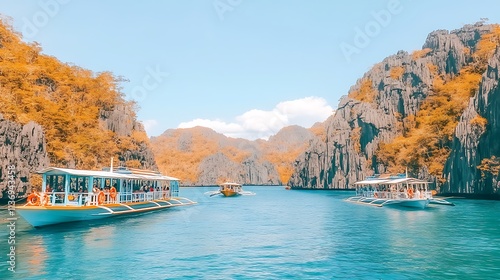 Boats Navigate a Scenic Island Lagoon with Limestone Cliffs photo